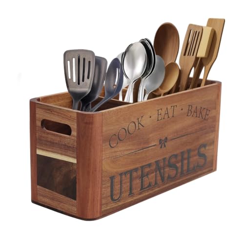 Utensil Holder for Kitchen Countertop - Extra Large 4 Compartment Wooden Organizer in Acacia Wood, Storage for Cooking Tools and Cutlery, Farmhouse Style for Home Cooking