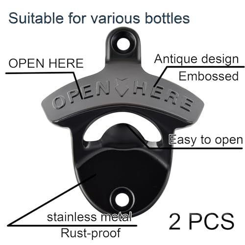 2 Packs Stainless Beer Bottle Cap Opener Wall Mounted Black - view 2