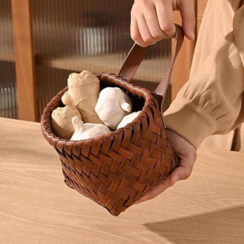 Wall Hanging Storage Baskets, Faux Rattan Woven Bins with Leather Handles - view 5
