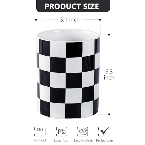 Kitchen Utensil Holder, 6.3 Inch Checkered Ceramic Cooking Utensil Holder Modern Utensil Crocks for Kitchen Counter-Farmhouse, Housewarming Gift, Decor and Accessories (Black, 6.3 Inch) - view 5
