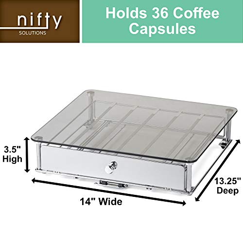 Nifty Rolling Coffee Pod Drawer - Glass Top & Chrome Finish, Compatible with K-Cups, 36 Pod Pack Holder, Compact Under Coffee Pot Storage Drawer, Slim Home Kitchen Counter Organizer - view 3