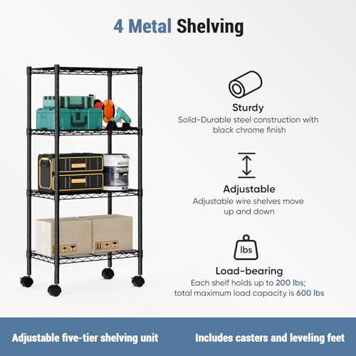 Industrial 4 Level Grid Storage Rack ，Mobile Metallic Shelving System with Lockable Wheels， Multi-Purpose Cabinet for Workshop, Culinary Space, Storeroom, Washroom & Restroom Black - view 4