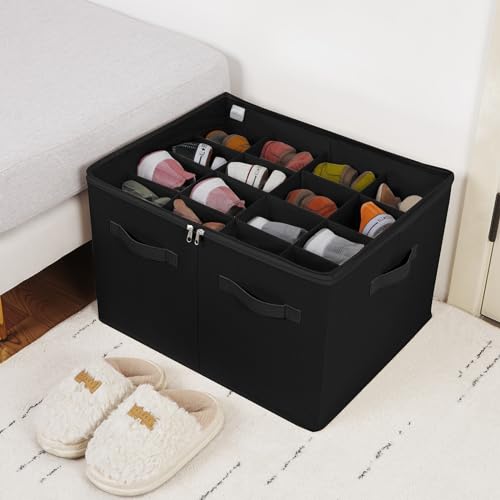 Shoe Organizer for Closet, Foldable Shoe Box with Adjustable Dividers and Clear Cover, Space Saving Shoe Storage Organizer Cabinet with Reinforced Handles, Fits 16 Pairs, Black, TP09B - view 5