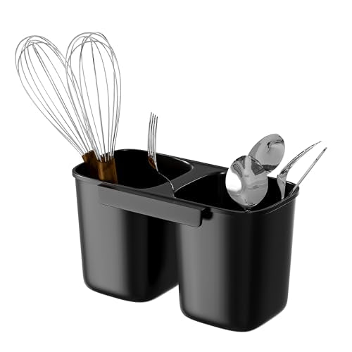 Dish Rack Utensil Holder, Hanging Cutlery Drainer Caddy with Hooks, 2 Compartment Flatware Organizer for Forks, Spoons, Knives, Fits Over Most Dish Drying Racks, Black - view 4