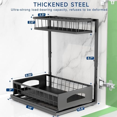 Under Sink Organizer, 2 Pack Height-Adjustable Cabinet Organizer with Slide-Out Bottom Drawer, Fits Around Pipes, Heavy-Duty Metal Storage for Kitchen and Bathroom, Black (Black, 2 Pack) - view 2