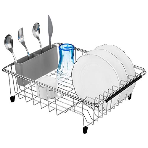 Expandable Multifunctional Dish Drying Rack, Over The Sink, in Sink Or On Counter Dish Drainer Basket Organizer Shelf with Removable Grey Utensil Silverware Holder, Rustproof Stainless Steel