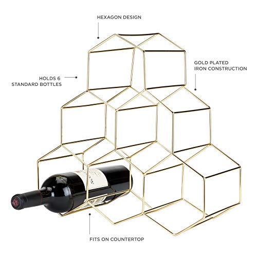 Geo Countertop Wine Rack, 6 Bottle Freestanding Modern Metal Hexagon Bottle Organizer and Wine Holder Stand for Kitchen Counter, Pantry Cabinet Storage, Tabletop and Home Decor Gifts, Gold - view 4