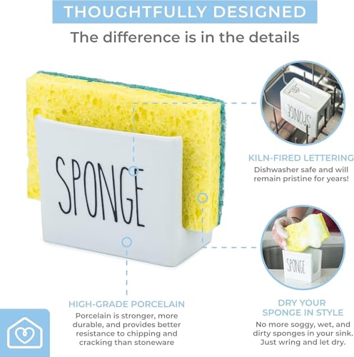 Porcelain Sponge Holder for Kitchen Sink. Compact Sink Caddy Organizer - Scrub Daddy Compatible Dish Sponge Holder. Ceramic Black and White Kitchen Decor and Cute Kitchen Accessories - view 3