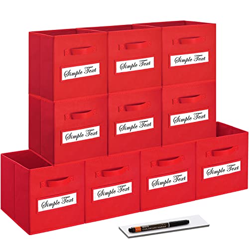 11 Inch Storage Cube,Storage bin,cube storage (Set of 10) Foldable Fabric Cube Storage Bins with 10 Labels Window Cards & a Pen,Baskets Containers for Shelves,Closet Organizers Box,Red