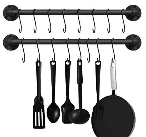 21 inch Pot Pan Bar Rack Wall Mounted Set of 2 with 16 Hooks Industrial Pipe Pot Hanger Rustic Iron Pan Hanging Rail Pipe Towel Holder Kitchen Utensil Organizer Black