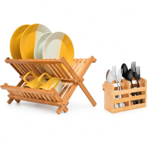 Bamboo Dish Drying Rack and Utensil Holder Set Bundle