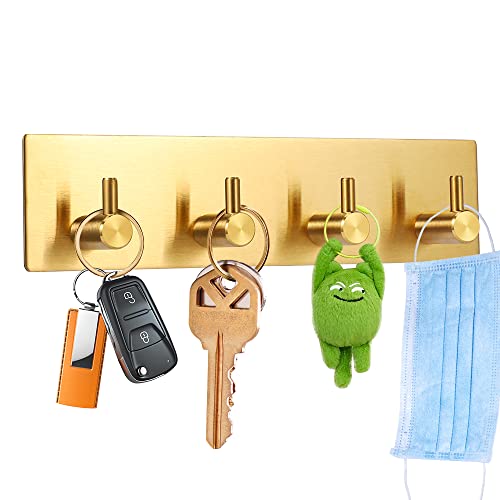 Key Holder for Christmas Wall Decorative, Adhesive Stainless Steel Key Hooks, Key Hanger Key Organizer Towel Hook Coat Hanger for Entryway Hallway Kitchen (Four Rows, Golden 1 PC)