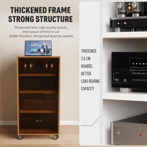 4-Tier Audio Rack with Wheels – Adjustable AV Stand with Wood Shelves & Glass Door for Home Theater, TV Storage, Media Console – Stylish Furniture Solution for Entertainment Systems - view 6