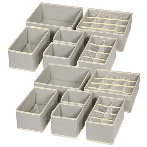 12 Pack Foldable Drawer Organizer Dividers Cloth Storage Box Closet Dresser Organizer Cube Fabric Containers Basket Bins for Underwear Bras Socks Panties Lingeries Nursery Baby Clothes Gray