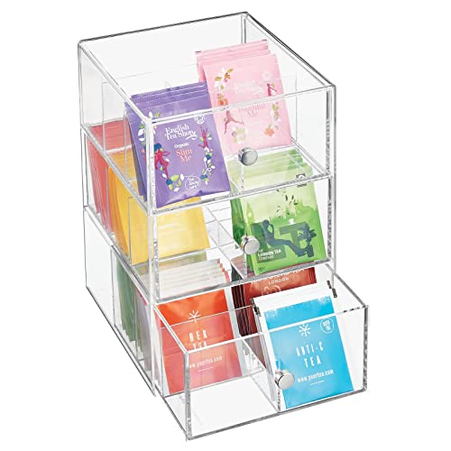 Plastic Wide Kitchen Pantry, Cabinet, Countertop Organizer Storage Station with 3 Drawers for Coffee, Tea, Sugar Packets, Sweeteners, Creamers, Drink Pods, Packets; 18 Sections - Clear