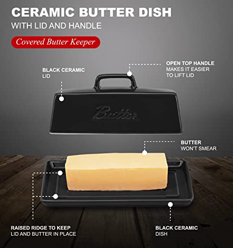 Ceramic Butter Dishes With Lid. Butter Holder/ Tray/ Storage With Lid And Handle. Porcelain Butter Keeper For Countertop. Butter Dish With Cover In Black Color. - view 3