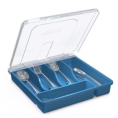 𝐅𝐥𝐚𝐭𝐰𝐚𝐫𝐞 𝐎𝐫𝐠𝐚𝐧𝐳𝐢𝐞𝐫 𝐰𝐢𝐭𝐡 𝐋𝐢𝐝, Plastic Silverware Tray for Drawer, 5 Compartments Utensil Holder for Countertop, Navy Blue