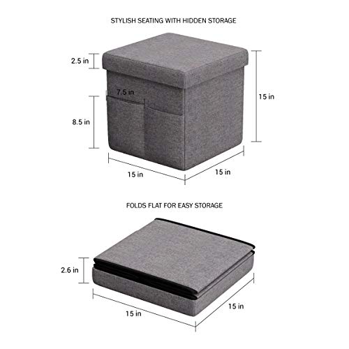 Set of 2 Ottomans with Storage Pockets - 15-Inch Folding Foot Rests or Storage Organizers for Bedroom, Living Room, or Dorm (Gray) - view 2