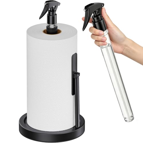 Paper Towel Holder with Spray Bottle Holder, One-Hand Tear Design, Black