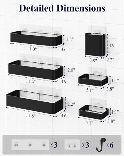 Large Shower Caddy - Adhesive 6-Pack Bathroom Shelves, Black - view 5
