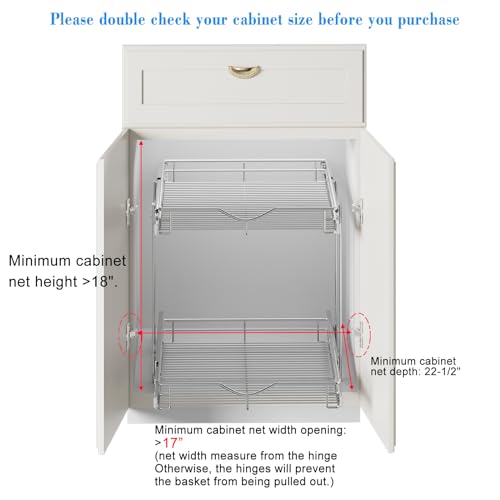 2 Tier Pull Out Cabinet Organizer (17" W X 21" D), Double Tier Wire Basket Slide Out Shelf Storage for Kitchen Base Cabinet, Chrome Finish - view 4