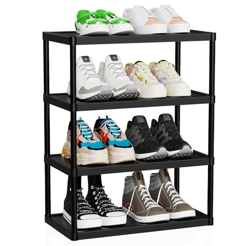 4 Tier Double Row Small Shoe Rack, Slim Plastic Shoes Stand