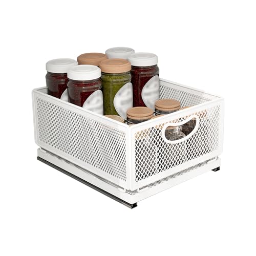 Sliding Cabinet Basket Organizer Drawer Self Adhesive Slide out Pantry Shelves Heavy Duty Carbon Steel Slide Cabinet Storage Basket with Handle for Bathroom Kitchen Home
