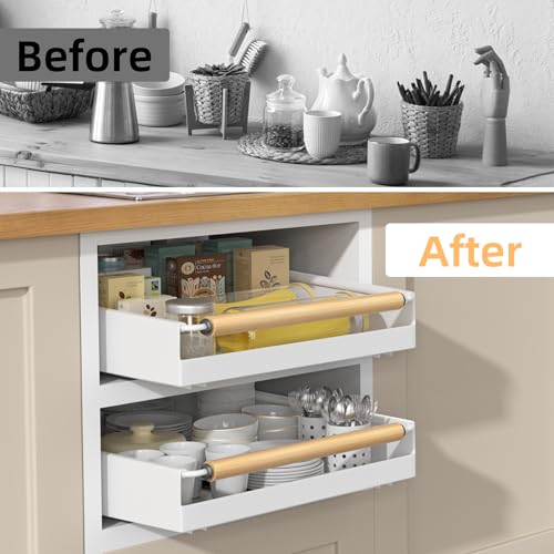 2 Pack No-Drill Pull Out Cabinet Organizer 15.3'' Deep Expandable Slide Out Drawers for Kitchen Pantry & Under Sink Storage, Adhesive Nano Film Mount, White - view 7