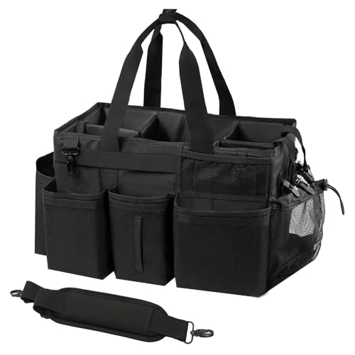 Wearable Cleaning Caddy Organizer with Handle & Shoulder Straps for Housekeepers, Under Sink & Car Cleaning Tool Organizer Bag with 4 Foldable Dividers (Black)