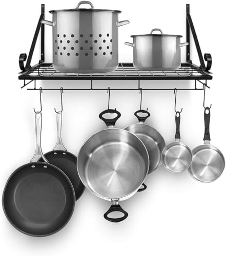 Hanging Pot Rack - Wall Mounted Pot Rack storage shelf hanging rack — Pots and Pans Rack shelf Organizer holder pot hanger - 10 S Hooks - kitchen cookware, utensils, pans, 2 DIY Methods (Black)