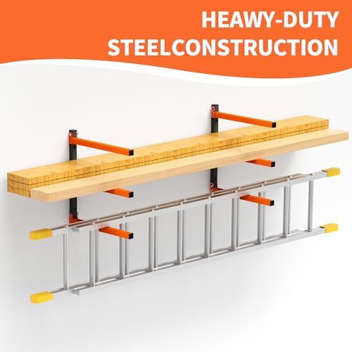 Heavy Duty Wall Mounted Lumber Storage Rack, 3-Level, 4 Pack Metal Garage Shelving System for Wood, Pipes & Skis, 300 Lbs Capacity Organizer Bracket (Black/Orange) - view 3