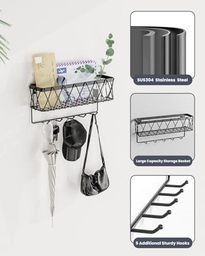 Key Holder Wall Mount Adhesive- Key and Mail Holder for Wall with 5 Hooks, Wall Mounted Mail Organizer and Key Rack, Modern Basket Key Hanger for Entryway, Home, Living Room Wall Decor, Black - view 4