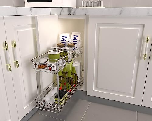 Slide Out Cabinet Organizer for Narrow Cabinet (7" W X 17" D), 2 Tier Pull Out Shelves Slim Sliding Cabinet Organizer and Storage, Chrome - view 4