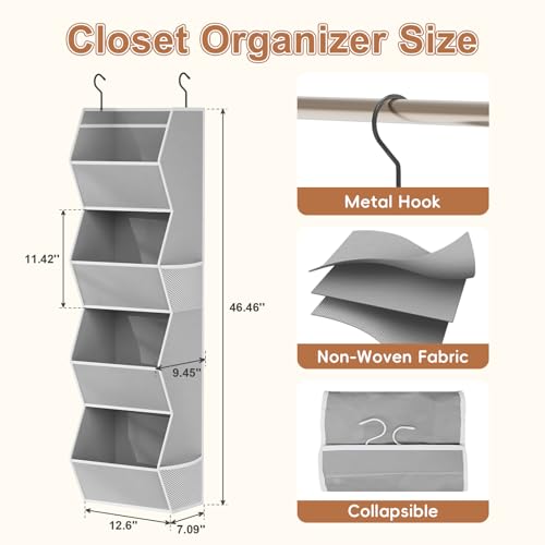 Closet Organizers and Storage Hanging with Mesh Pockets for Clothes, Grey - view 3