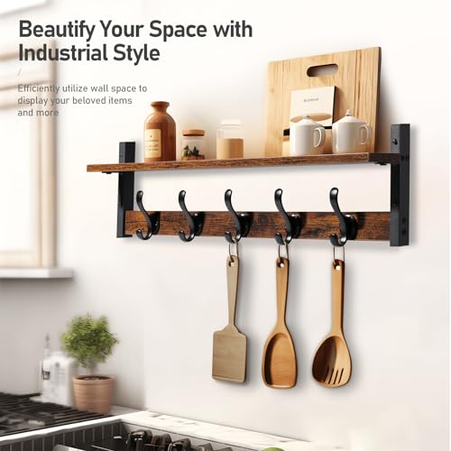 29" Rustic Coat Rack Wall Mount with Shelf, Entryway Wall Hooks with Shelf, Coat Hangers for Bathroom, Living Room, Bedroom, Rustic Black - view 5