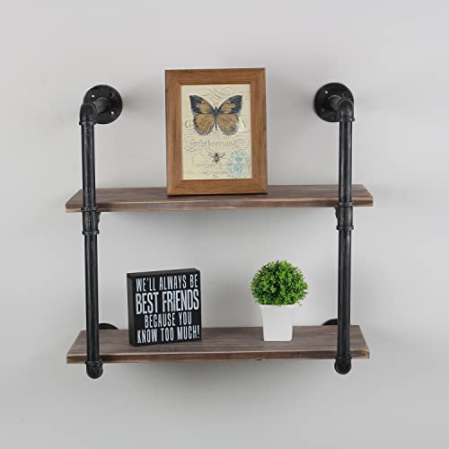 Industrial Pipe Shelving Wall Mounted,24in Rustic Metal Floating Shelves,Steampunk Real Wood Book Shelves,Wall Shelf Unit Bookshelf Hanging Wall Shelves,Farmhouse Kitchen Bar Shelving(2 Tier)