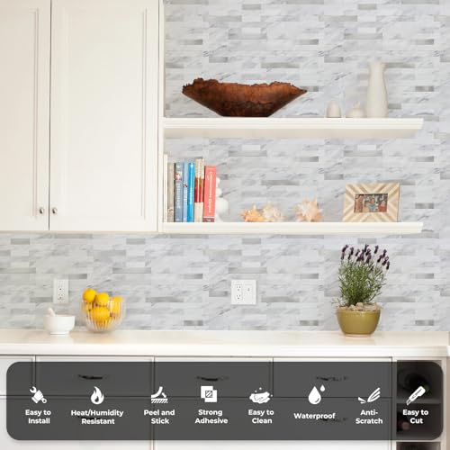 Peel and Stick Backsplash, PVC Wall Tiles Stick on Backsplash for Kitchen(10 Sheets, White Marble with Metal Silver) - view 4