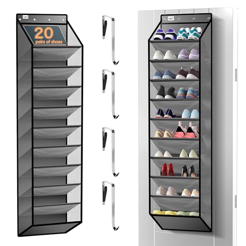 10 Tier Over The Door Organizer - Heavy Duty Hanging Storage Rack with Sturdy Oxford Fabric, Holds 20+ Pairs of Footwear, Boots & Sneakers, Saves 50% Closet Space (Gray)