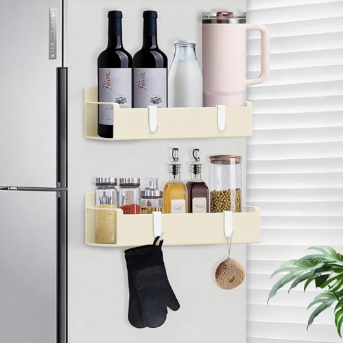 Magnetic Cup Holder for Fridge, Spice Organizer, Stanley Cup & Water Bottle Organizer with Detachable 4 Hooks for Cabinet and Kitchen, Light beige (2 Pack)