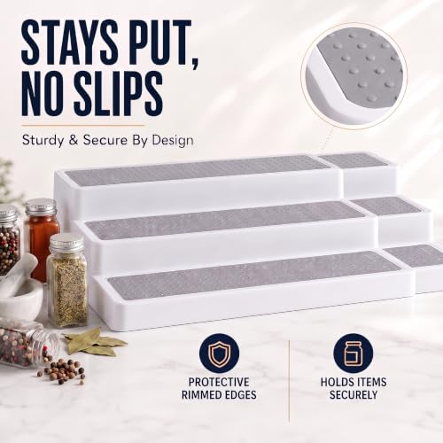 Plastic 3-Tier Expandable Spice Rack, Adjustable Length, Stability with Non-Skid Shelf, For Easy Visibility, Organizer for Kitchen Cabinet, Pantry or Countertop, (2-Pack), White/Grey - view 5