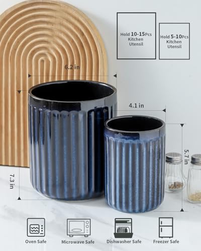 Kitchen Utensil Holder,7.3" + 5.7" Cooking Utensil Holder for Kitchen Counter, Large Utensil Crock for Farmhouse Decor, Utensil Storage Organizer for Spatula, Set of 2, Navy Blue - view 2