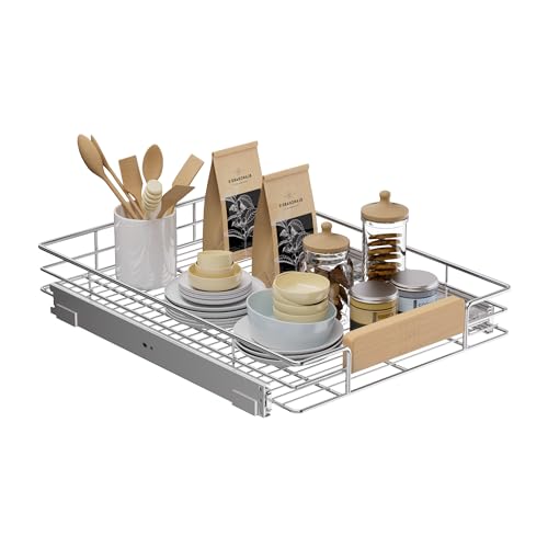 Pull Out Cabinet Organizer with Wooden Handle, 16½" W x 21½" Kitchen Cabinet Pullout Shelf, Heavy Duty Slide Out Pantry Drawer Storage For Kitchen, Bathroom