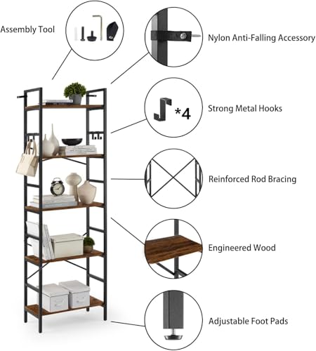 5 Tier Bookshelf, 5 Tier Bookshelves, Home Office Bookcase Shelf Storage Organizer, Industrial Narrow Bookcase, Display Standing Shelf Units, Metal Frame Display Rack with 4 Hooks Rustic Brown - view 4