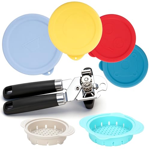 4 PCS Silicone Can Lids + Magnetic Can Opener + 2 PCS Can Strainers, Fit for 3.0''|3.2''|3.5''|4.0'' Cans, Holiday Kitchen Gadgets, Valuable 7 PCs Canned Essentials Bundle