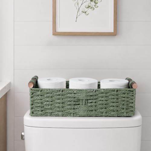 Round Paper Rope Storage Basket Wicker Baskets for Organizing with Handle Decorative Storage Bins for Countertop Toilet Paper Basket for Toilet Tank Top Small Baskets Set,Green - view 3