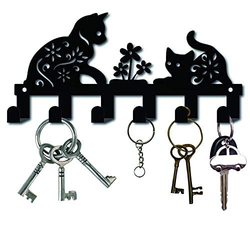 Metal Key Holder Black Key Hooks Wall Mount Hanger Decor Hanging Organizer Rock Decorative with 6 Hooks Cat and Flower Pattern for Front Door Entryway Cabinet Towel 10.6 x 5.1inches