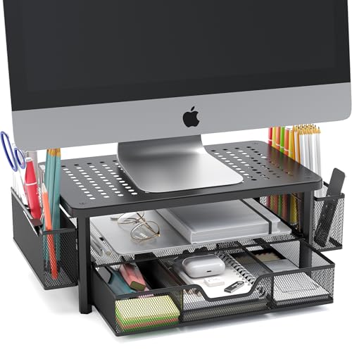 FlowMax Ergonomic Desk organizer Computer Monitor Stand -Improved XL Desk Drawer, File Paper Pencil Holders - Pro Posture Eye-Level Tension Relief - Anti-Slip Home Office Supplies Storage Stand for Laptop Monitor or Printer
