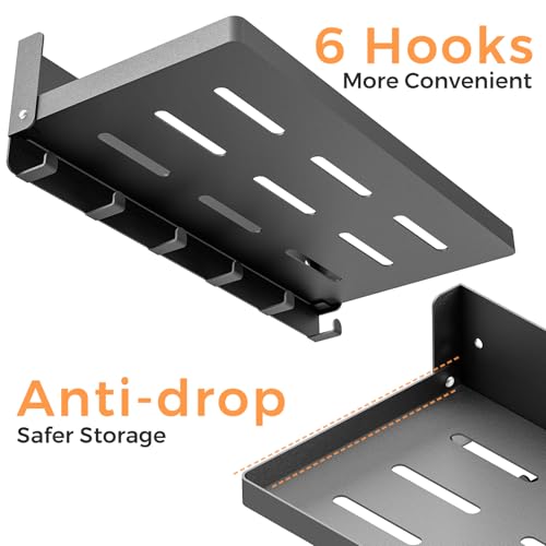 Small Folding Metal Shelf with Hooks, Fold-up Wall Shelf, 6 Hooks, Drop Down Floating Shelf for Laundry Room, Kitchen, RV, Toilet Room, Garage, Utility, Black（11.8", 1 Pack） - view 4