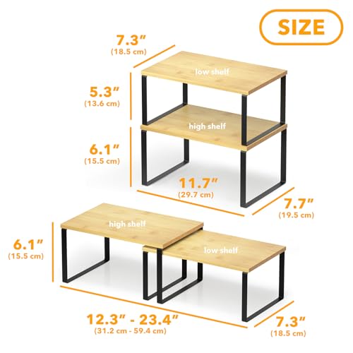 Cabinet Shelf Organizers 2 Pack, Kitchen Counter Rack Shelves Riser, Stackable Expandable Spice Rack, Pantry Cupboard Storage Organization (Black and Natural, Short) - view 2