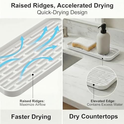 Silicone Organizer Tray, Soap and Sponge Holder for Kitchen Sink, Bathroom - Storage Tray for Dish Brush, Soap Dispenser, Dishwashing Accessories-(White 1 Pack, 12"x4.7") - view 3